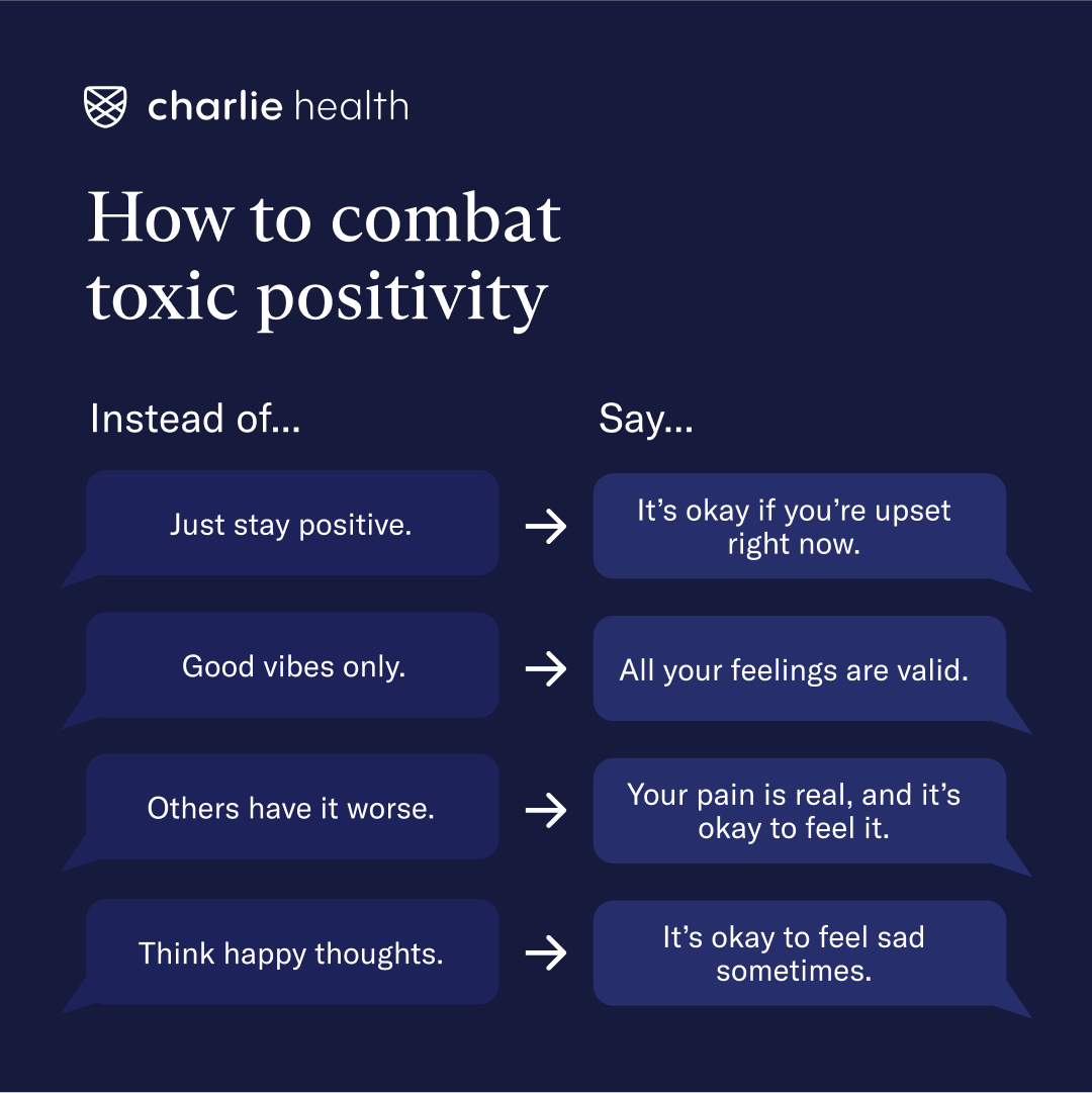 A graphic containing examples of combatting toxic positivity such as being upset vs staying positive
