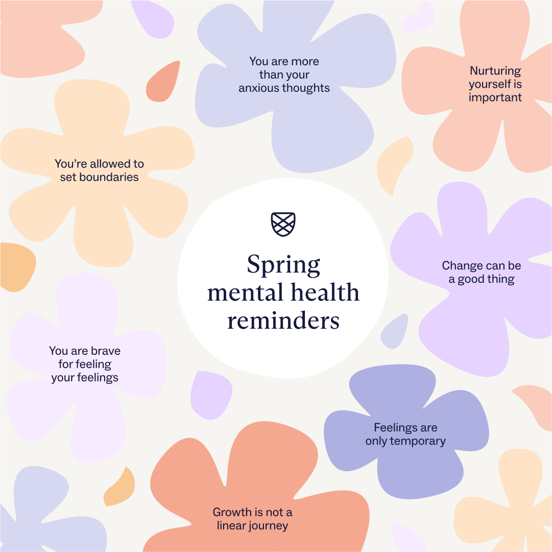 A flower-inspired image with spring mental health tips such as change being a good thing