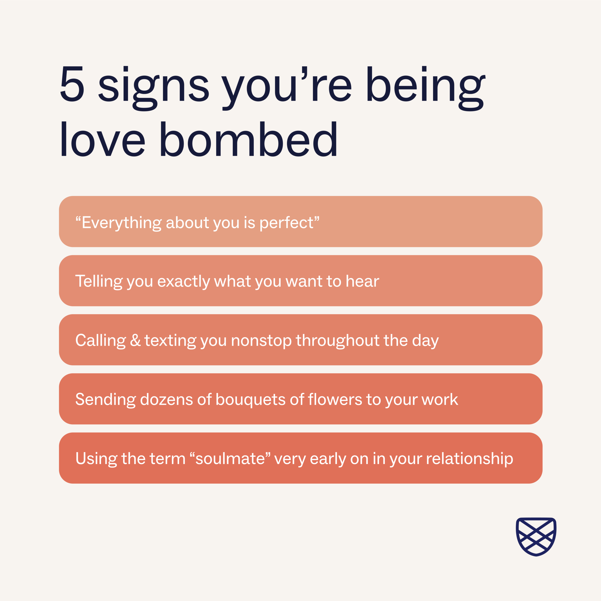 Graphic card with 5 signs you're being love bombed including non-stop phone calls and texts