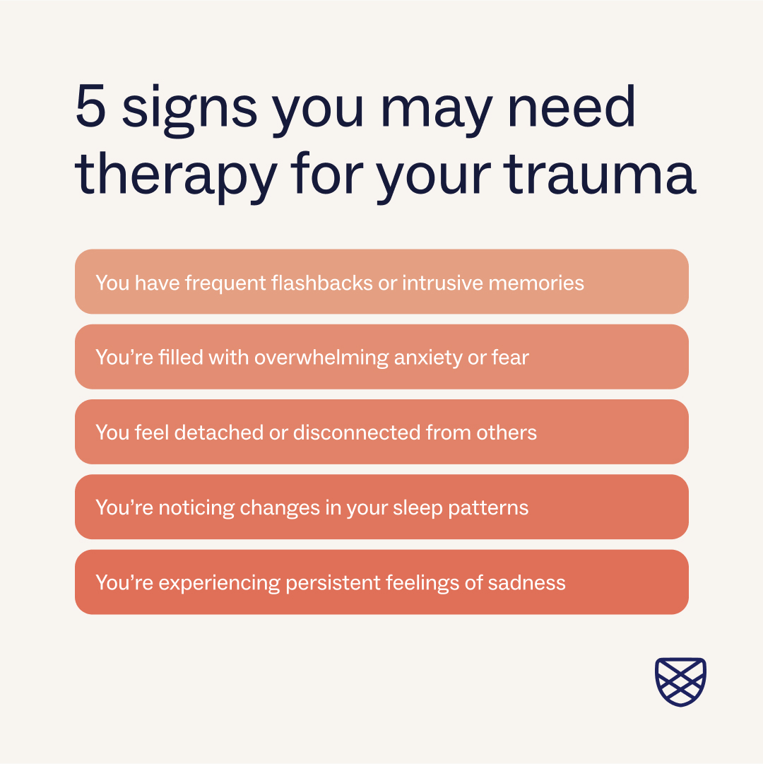 Graphic card showing 5 signs that you may need therapy for trauma including flashbacks, anxiety, feeling detached and more
