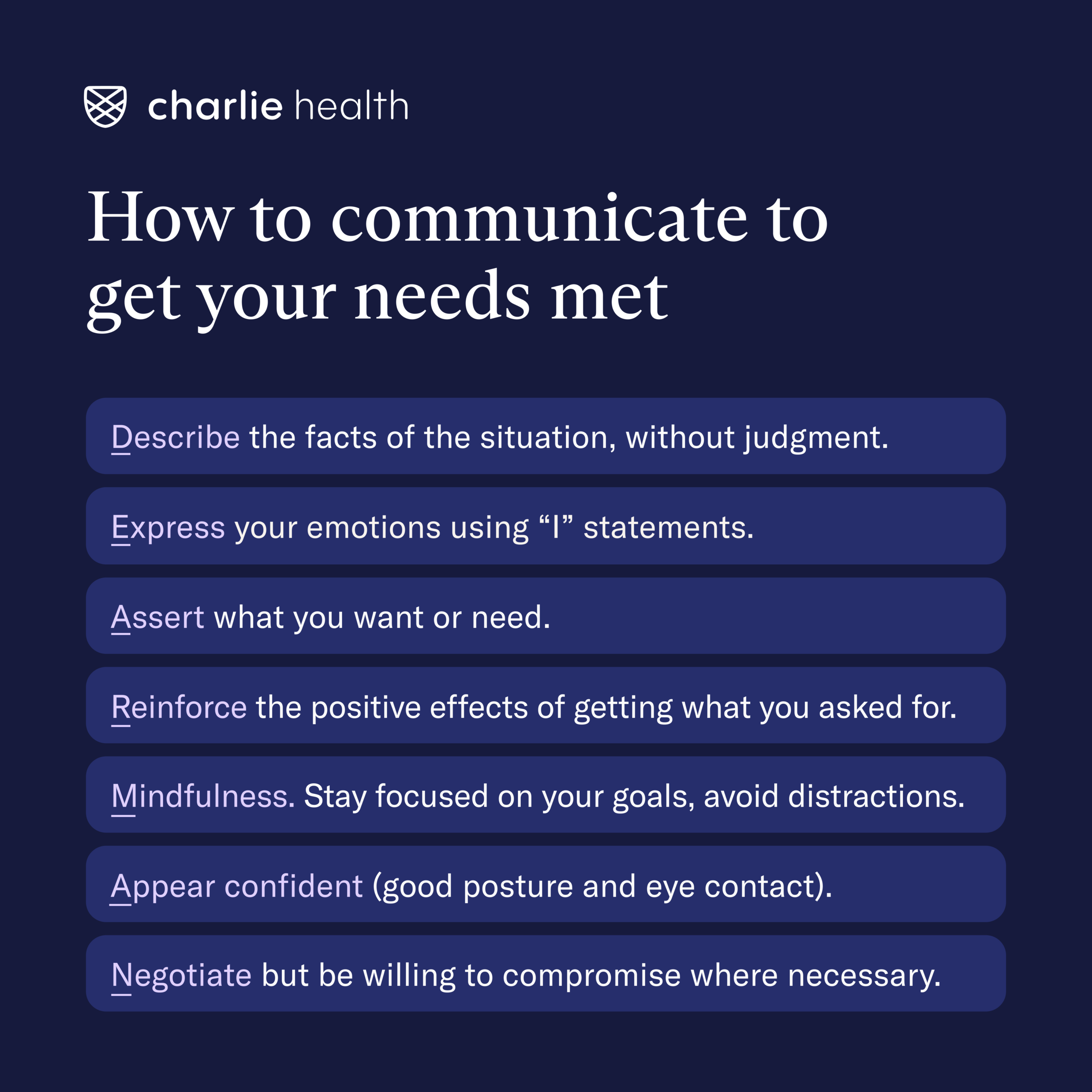 List showing how to use the DEAR MAN DBT skill starting with describing the facts of the situation