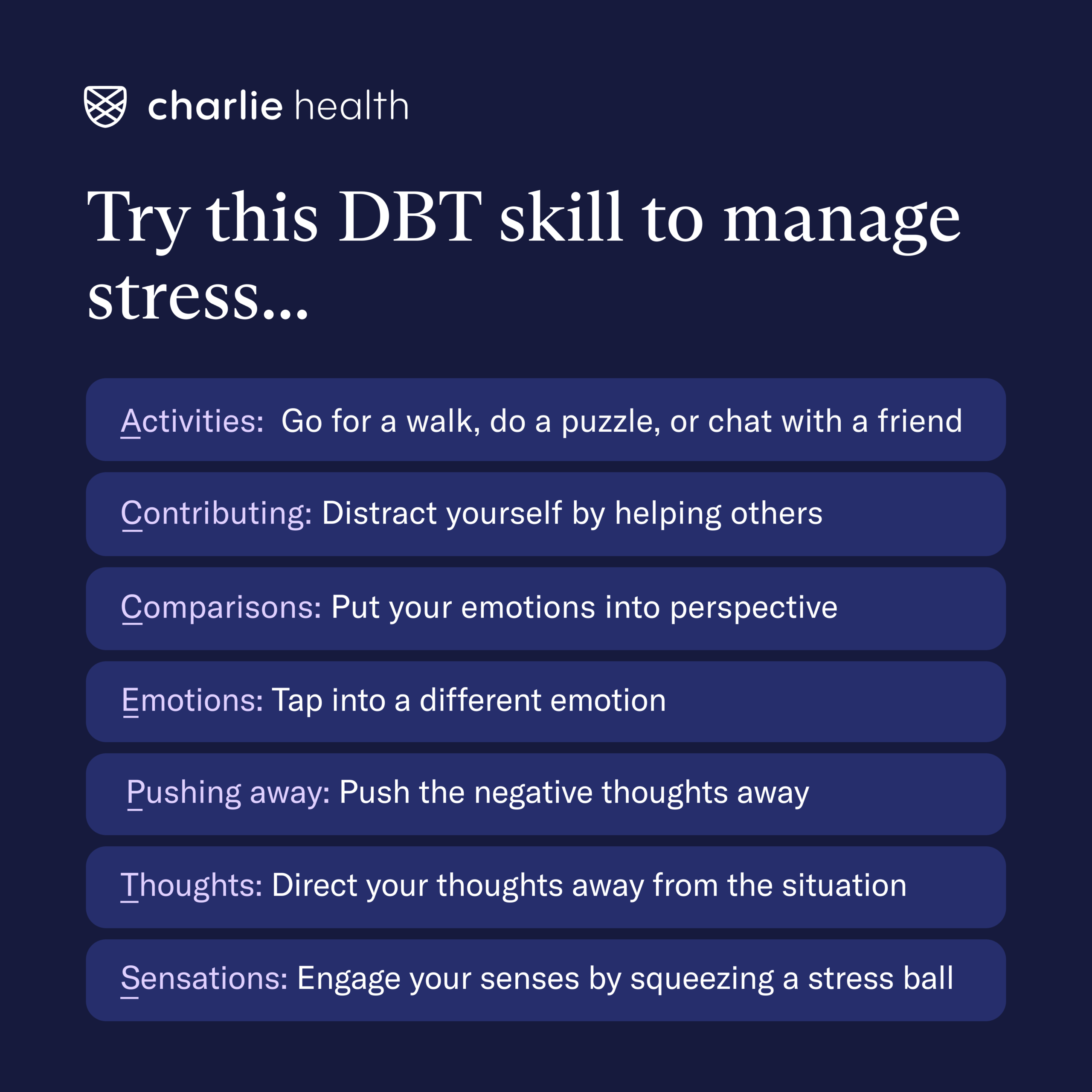 List of DBT skills to manage stress including activities, contributing, and comparisons