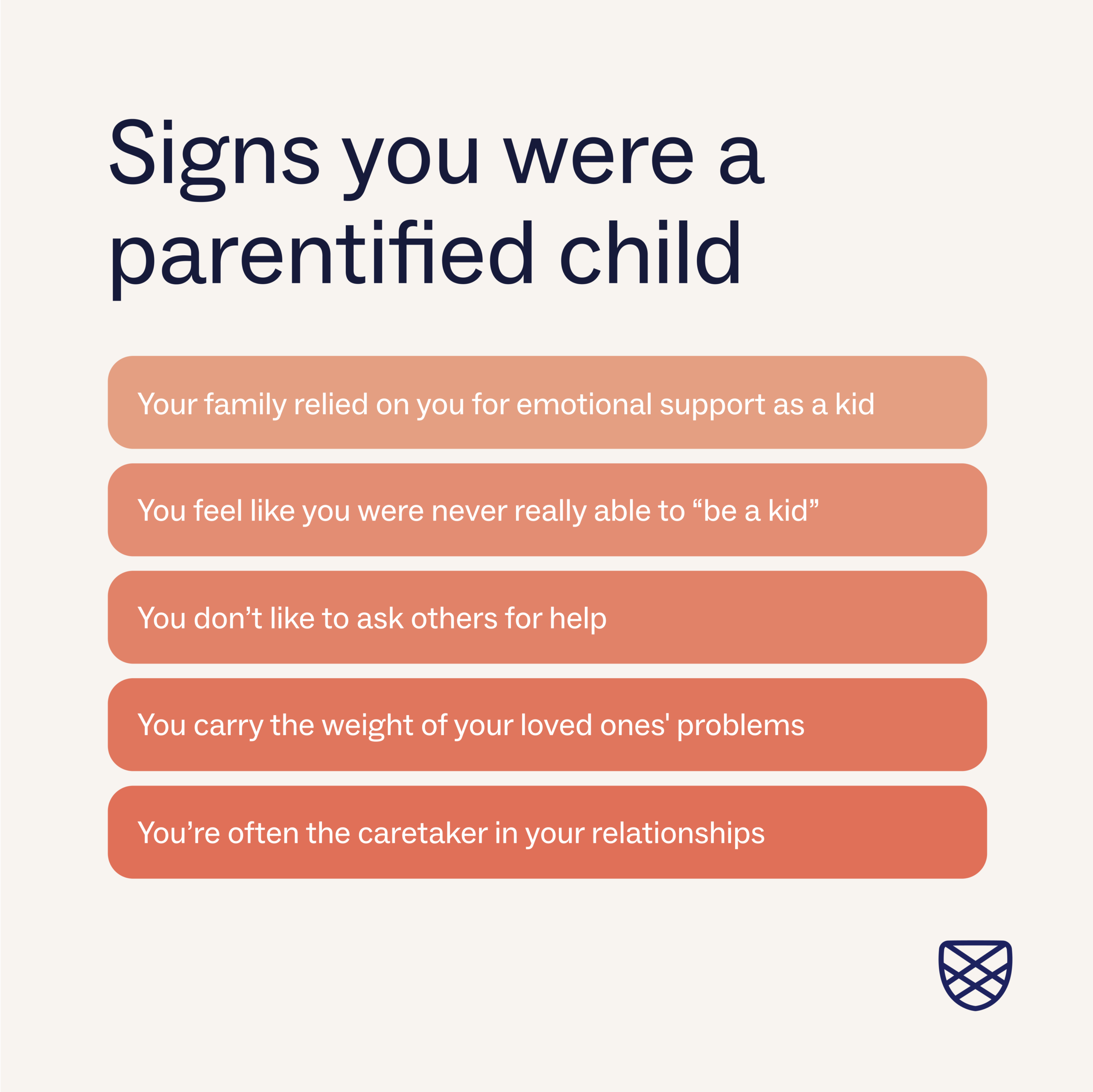 List with 5 signs that you were a parentified child with examples such as not asking for help and not feeling like you were allowed to be a kid