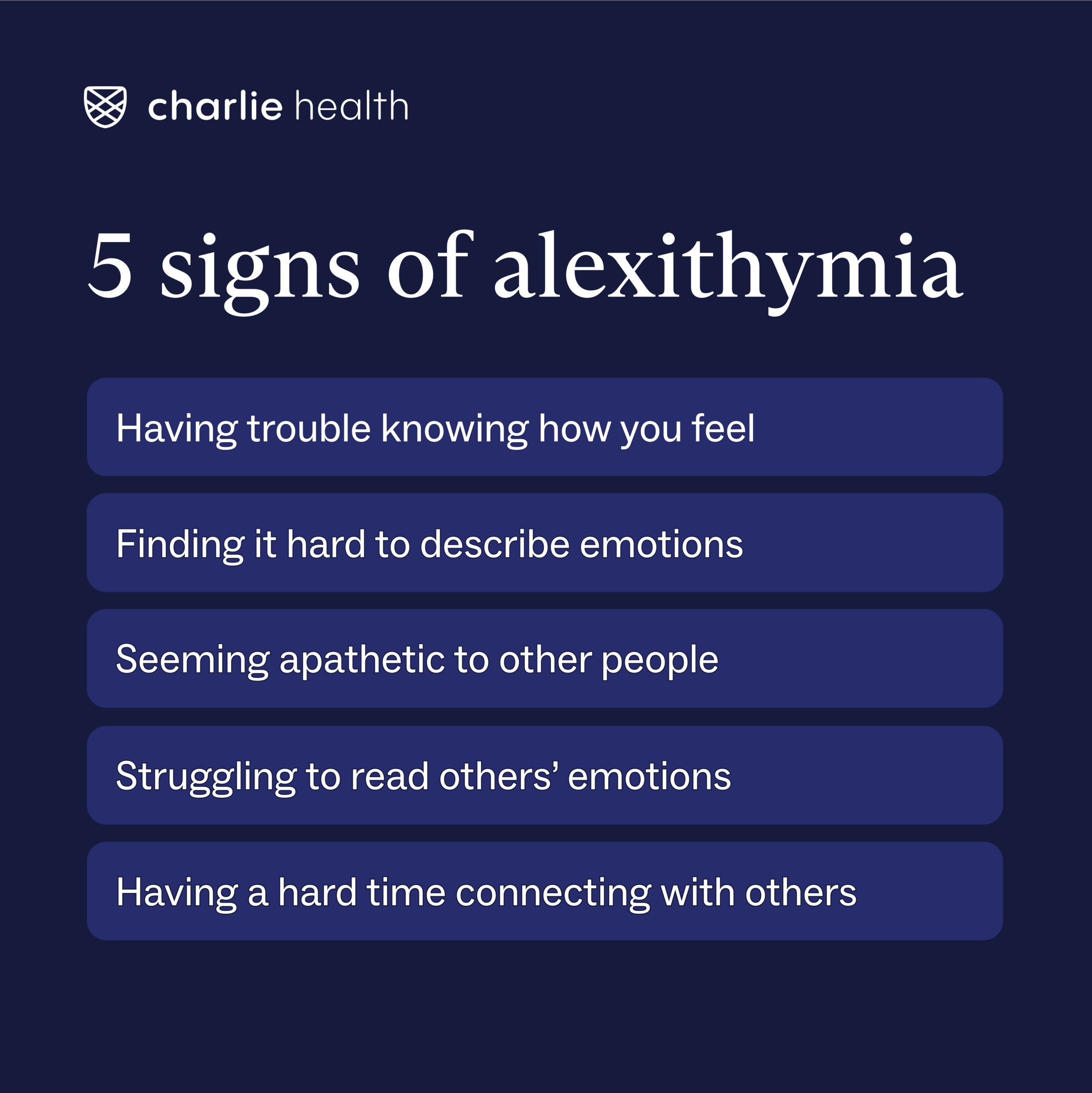 Graphic card with 5 signs of alexithymia including finding it hard to describe how you feel and seeming apathetic