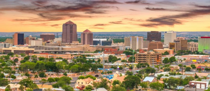 city in New Mexico as the sun is setting