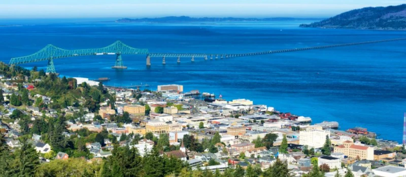 Astoria as seen overlooking the Astoria Megler Bridge as it crosses the Columbia River.