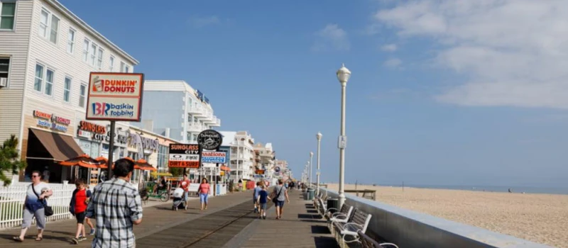 Pedestrians strolling on a boardwalk in Ocean City.