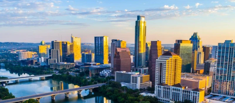 An aerial view of Austin and Lady Bird Lake.