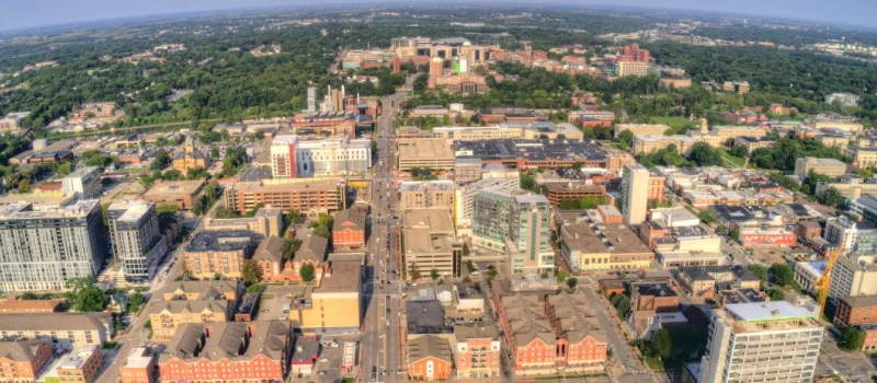 An overhead view of downtown Iowa City.