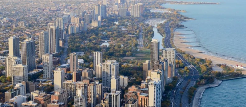 Skyscrapers and Lake Michigan in Chicago.