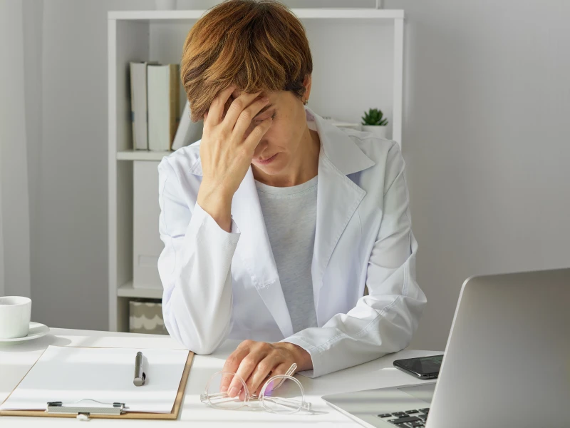 A youth mental health provider in a white blazer sits with her head in her hand