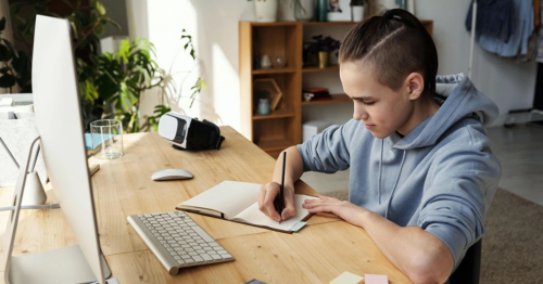 A young teen sits at a desk in front of his computer