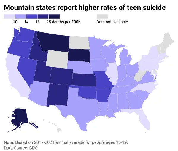 U.S. map of suicide rate among people ages 15-19. Alaska, Montana and South Dakota report highest rates. 