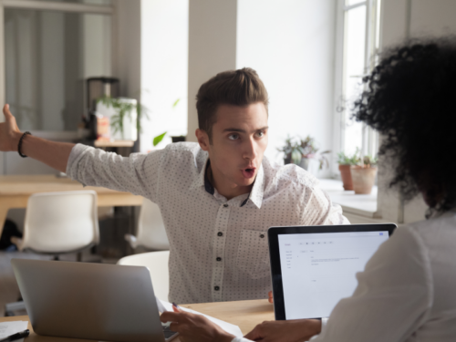 Man who is a malignant narcissist yelling at his friend