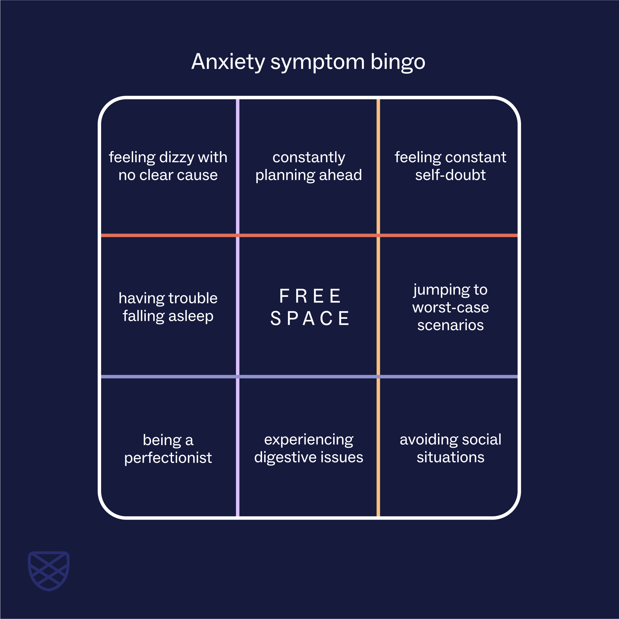 A bingo card with anxiety symptoms such as perfectionism, and constant self-doubt