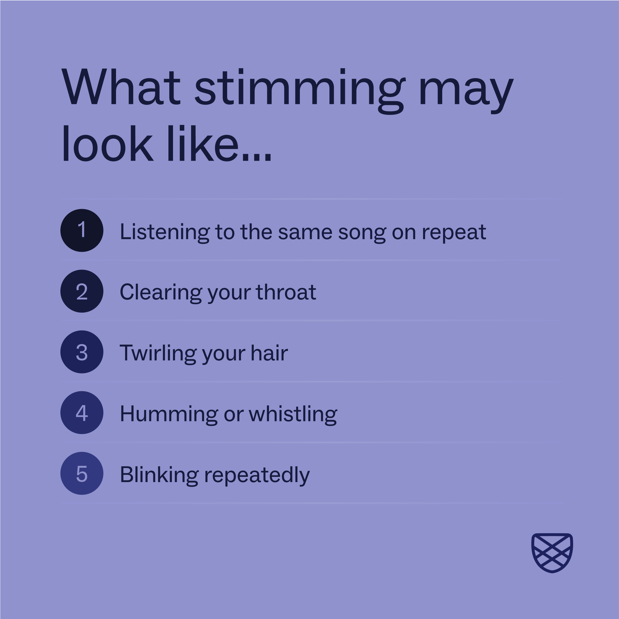 A list of stimming examples including listening to the same song, clearing your throat, etc