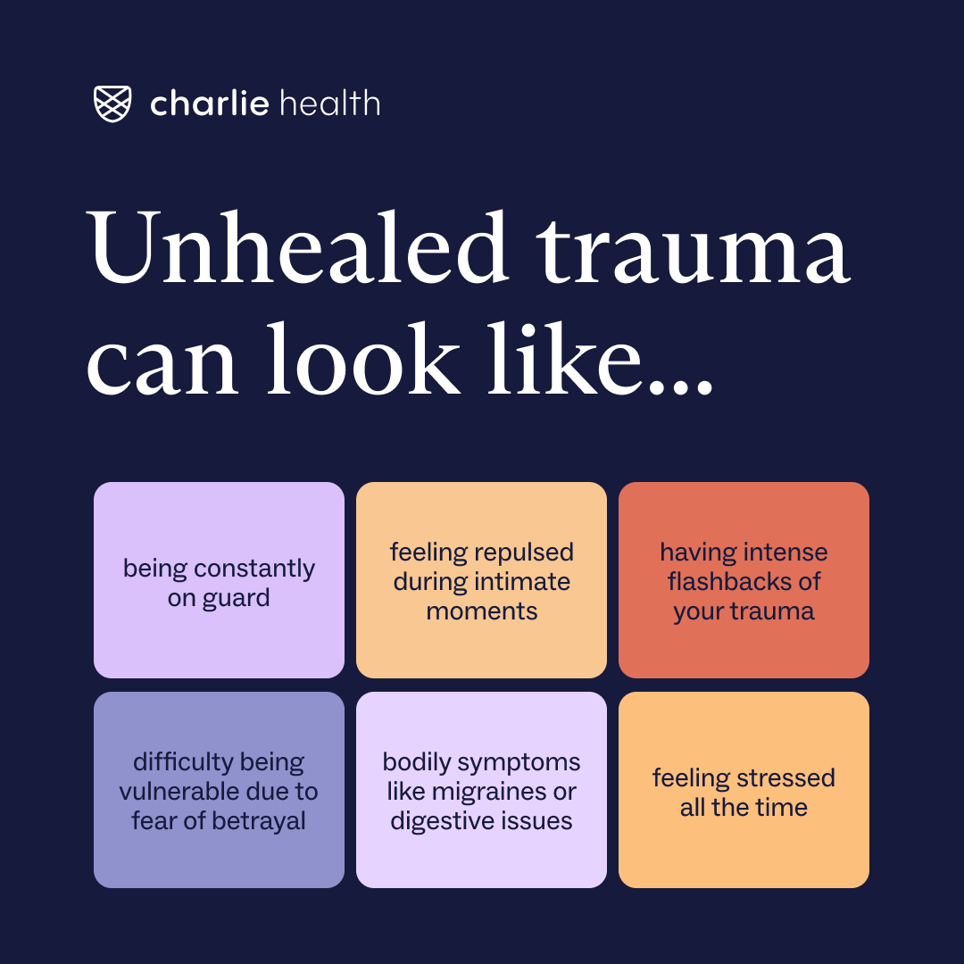 A graphic with six cards describing unhealed trauma such as feeling stressed and being on guard continually