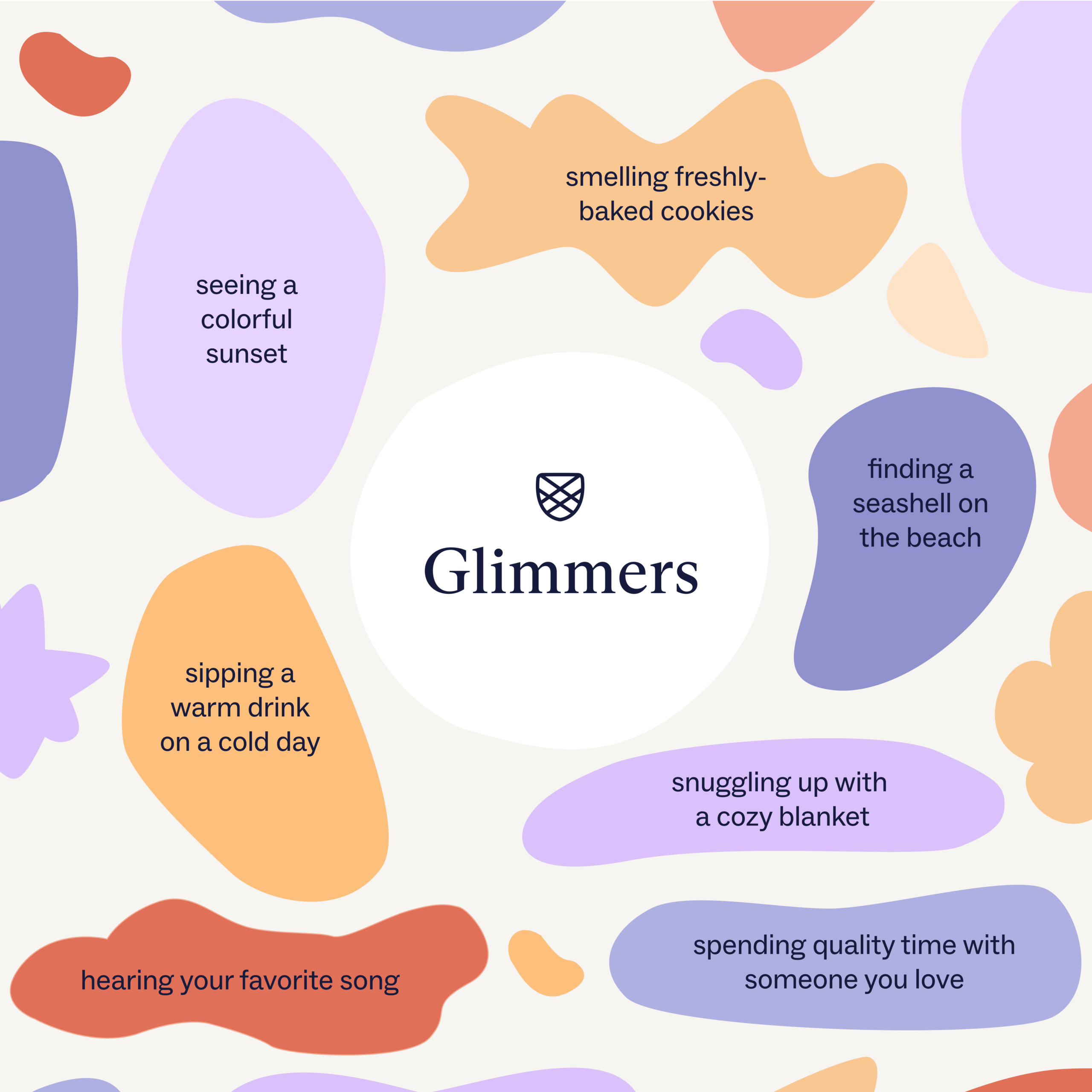 Puzzle-piece graphic with examples of glimmers such as smelling fresh-baked cookies or seeing a colorful sunset