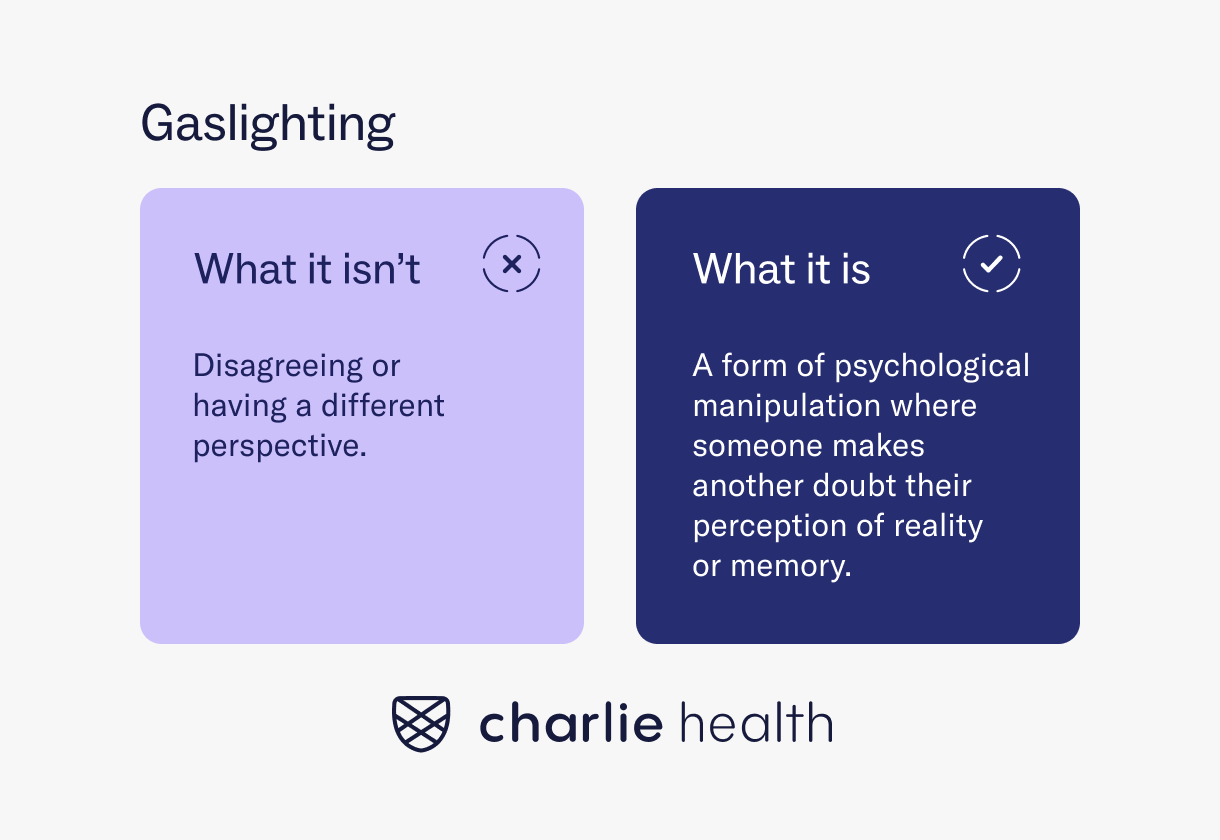 Comparison graphic showing what gaslighting really is with examples such as disagreeing vs. psychological manipulation