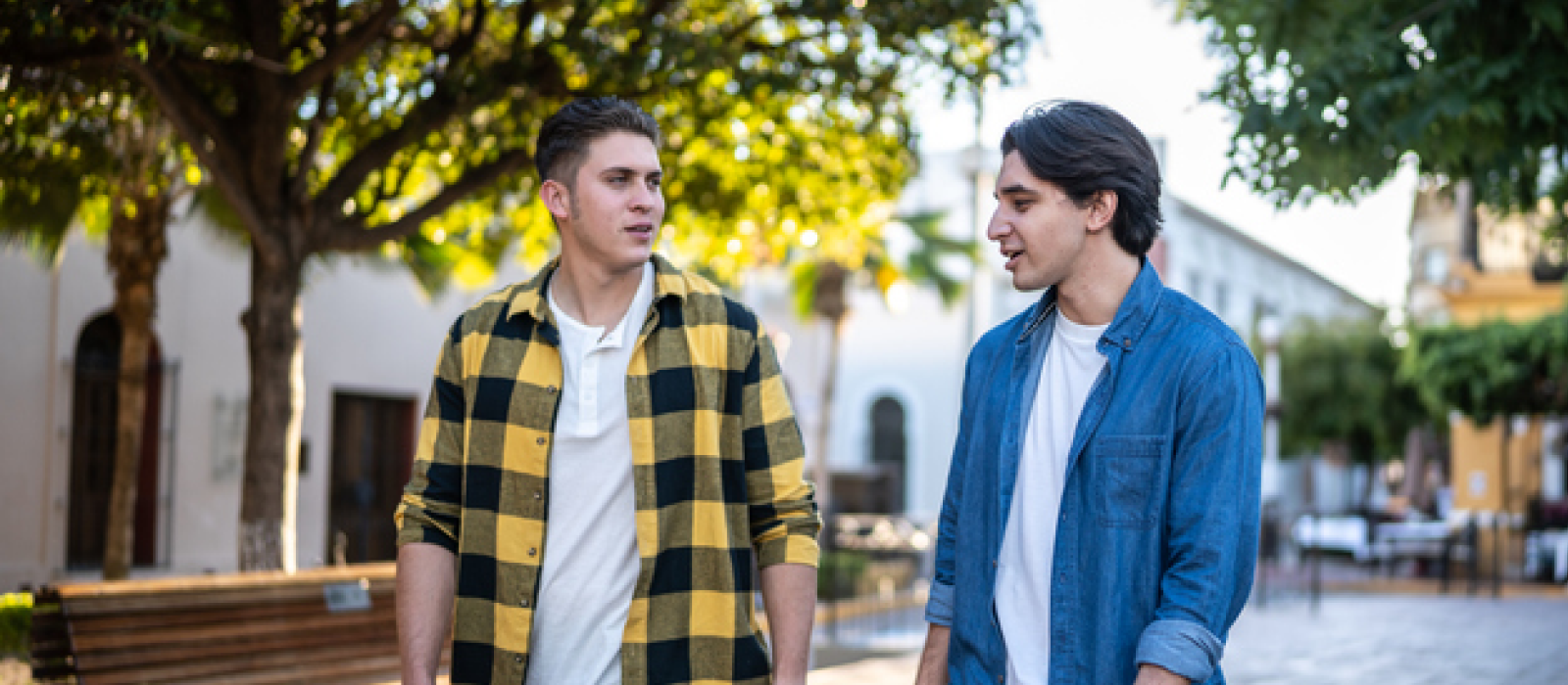 Two young males walking together talking. One of them has paranoid delusions, and their friend is discussing professional help.