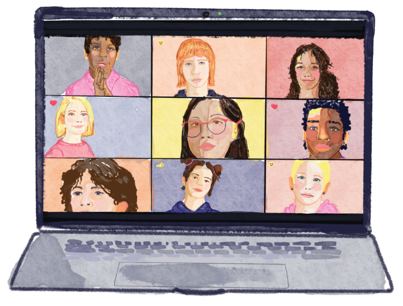 Illustration of teens in online therapy on a computer