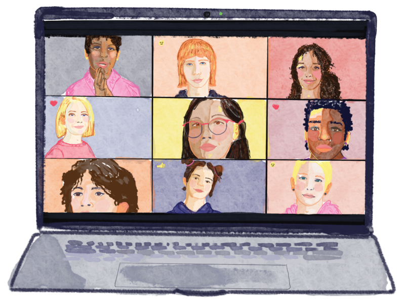 Illustration of teens in online therapy on a computer