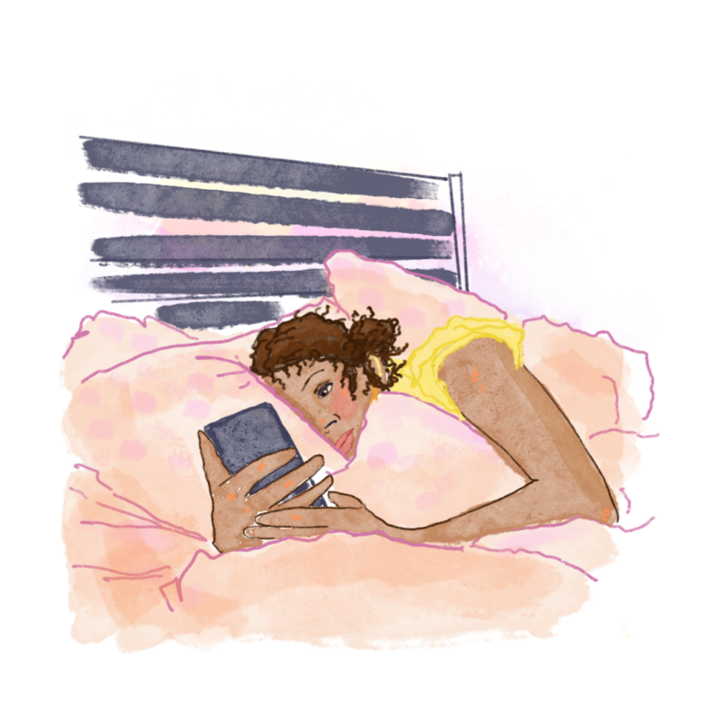 Illustration of a girl in bed staring at her phone