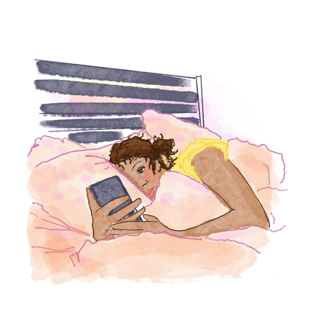 Illustration of a girl in bed staring at her phone