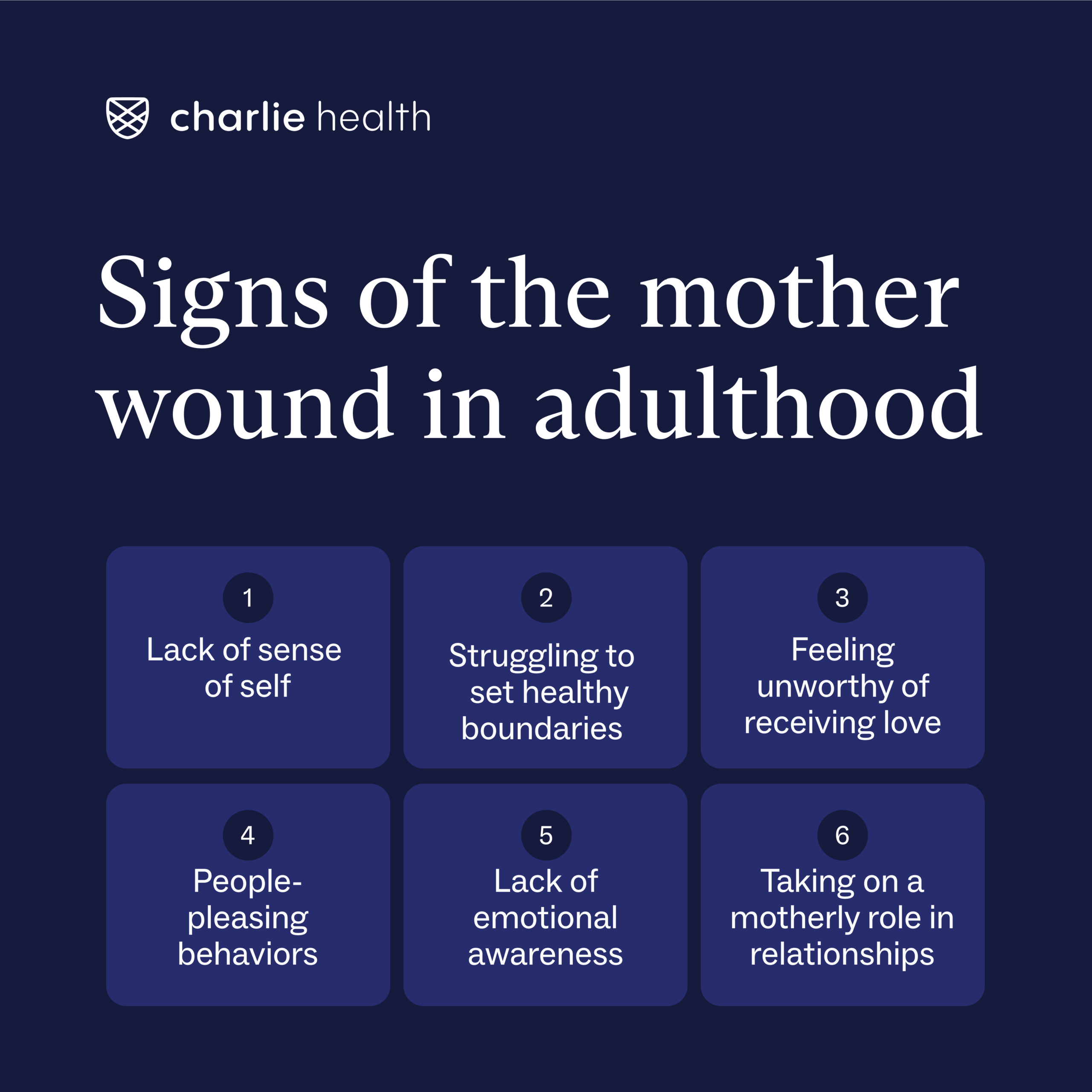 Graphic with 6 signs of the mother wound in adulthood including lack of sense of self and emotional awareness