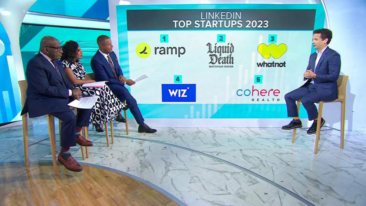 Screenshot of news broadcast talking about linkedin's top startups