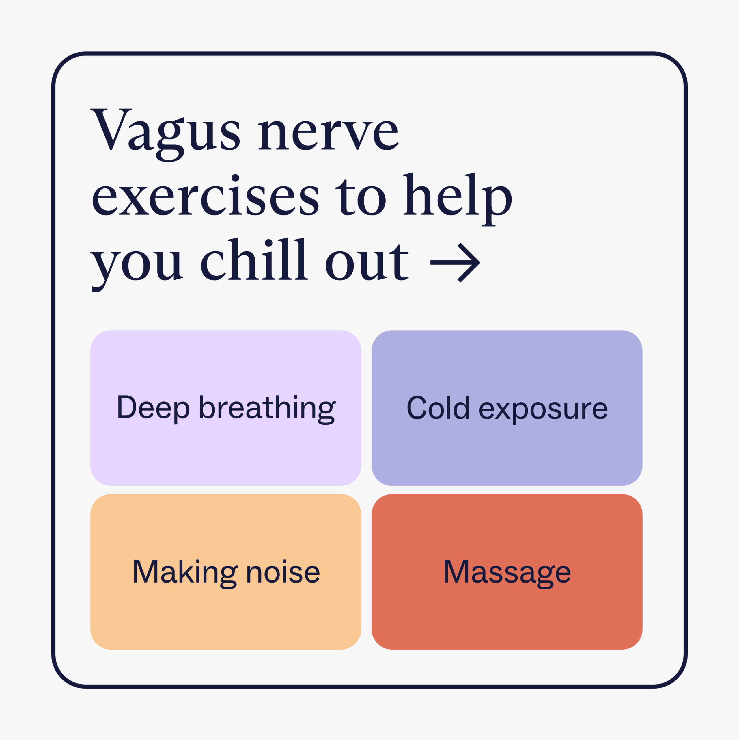 Graphic card of vagus nerve exercises including deep breathing, cold exposure and more.