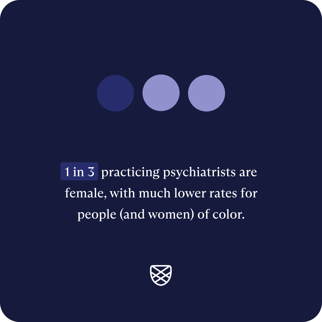 Image showing 1 in 3 practicing psychiatrists are female with much lower rates for people (and women) of color