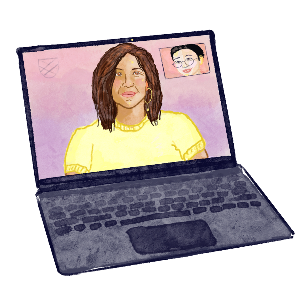Illustration of therapist and teen in virtual therapy session on a computer