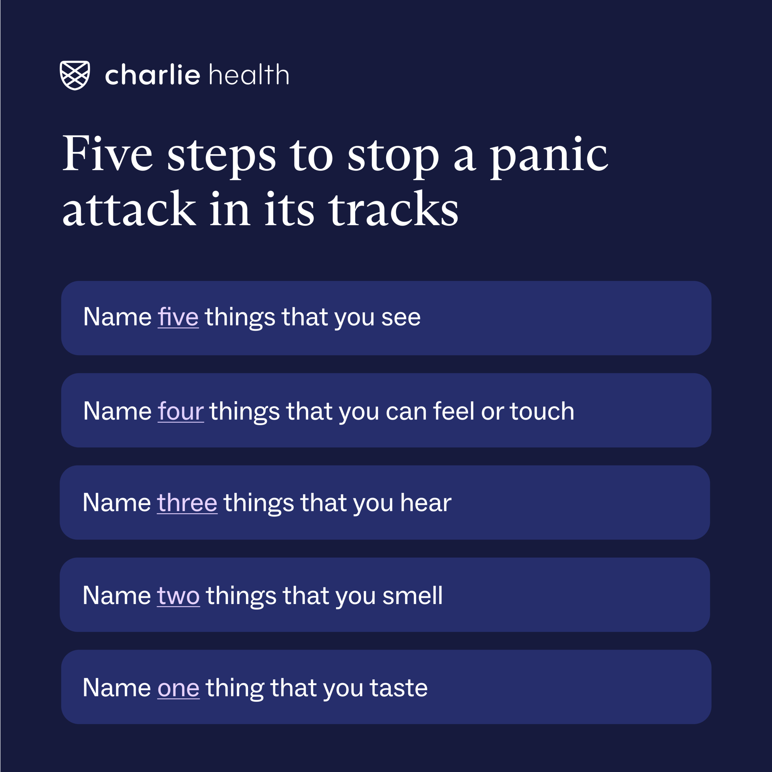 List with 5 steps to stop a panic attack including naming 5 things you see, 4 things you can feel or touch and more