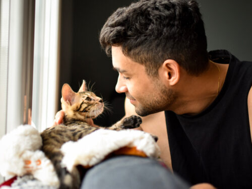 A person sits with his beloved pet, a cat, and smiles at it.