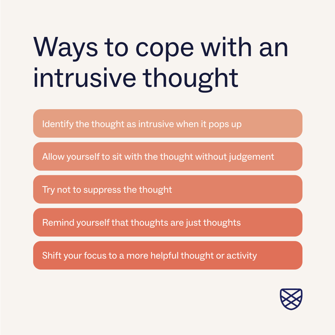 A graphic card containing intrusive thought coping tips such as identifying the thought, sitting with the thought and more