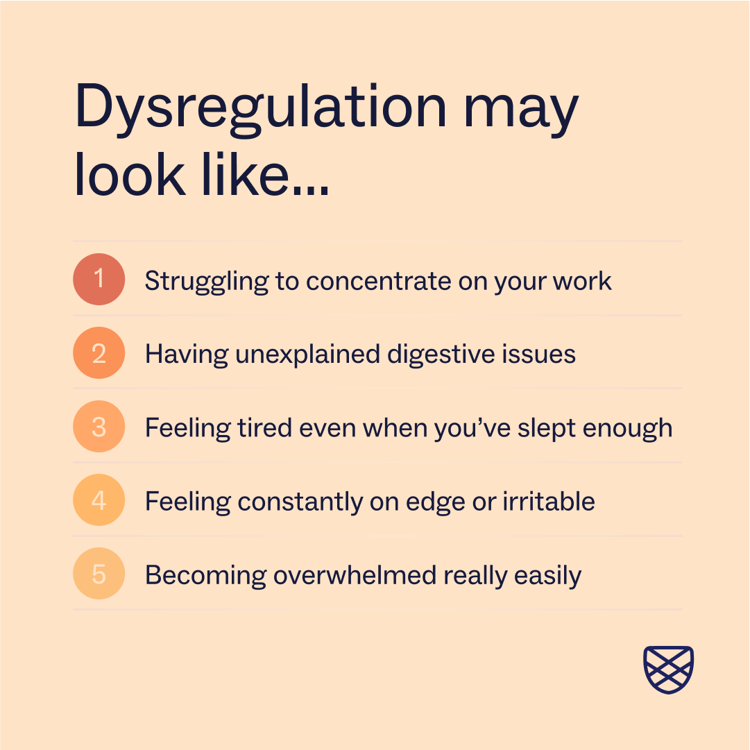 A bulleted list showing what dysregulation looks like including struggling to focus, digestive issues and more
