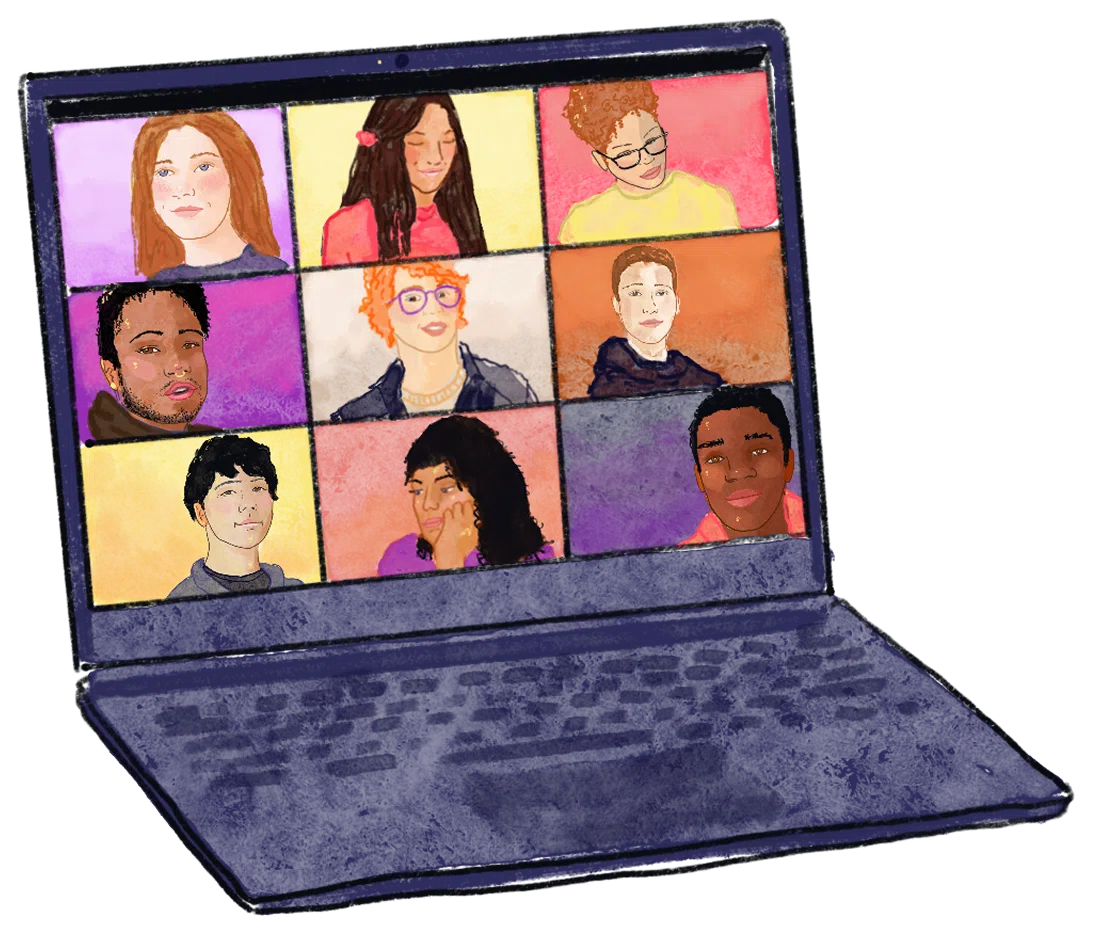 Illustration of virtual therapy clients on laptop