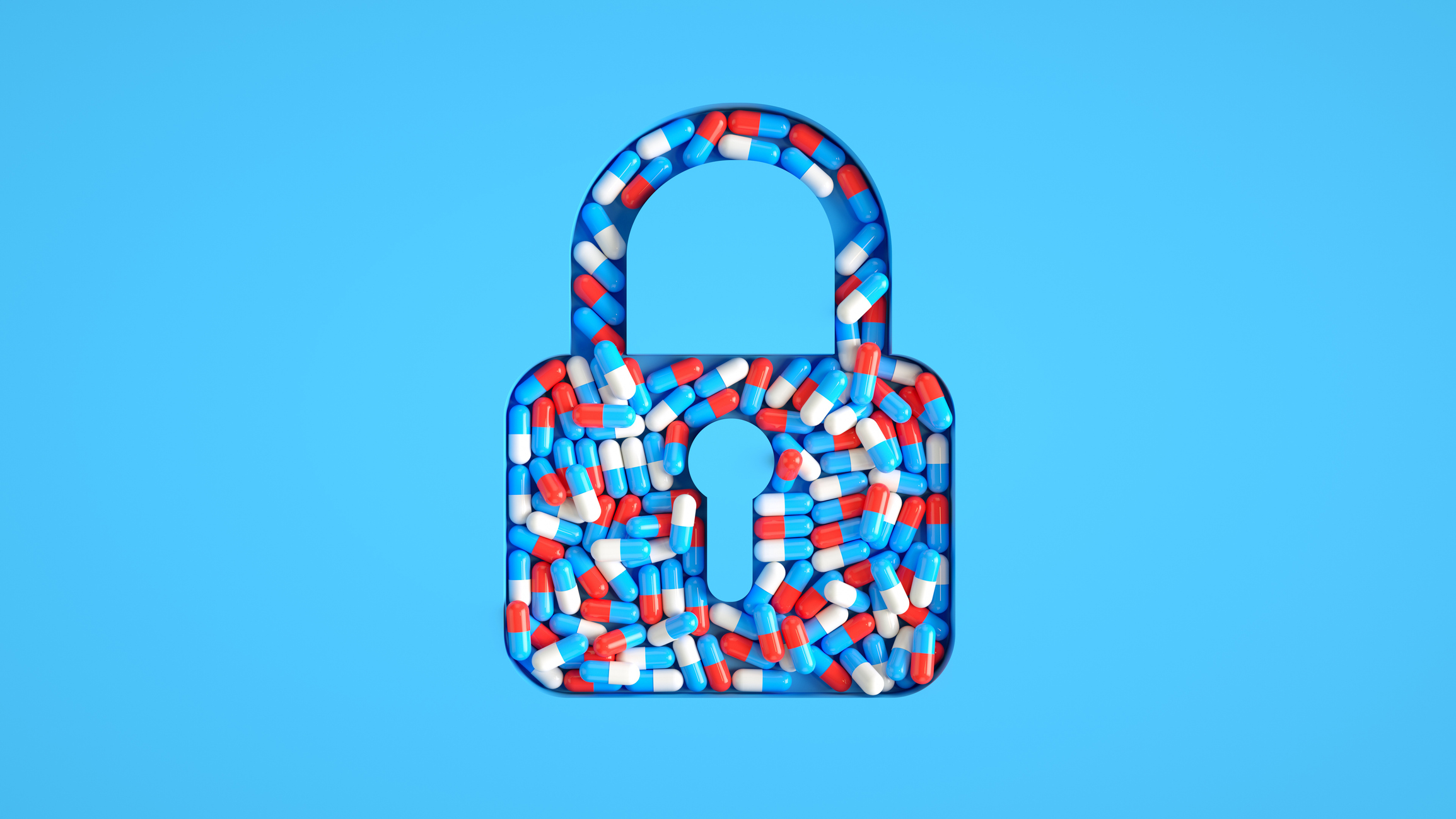 Illustration of a padlock made of red, white, and blue pills, symbolizing access barriers to medication-assisted treatment despite research showing its effectiveness.