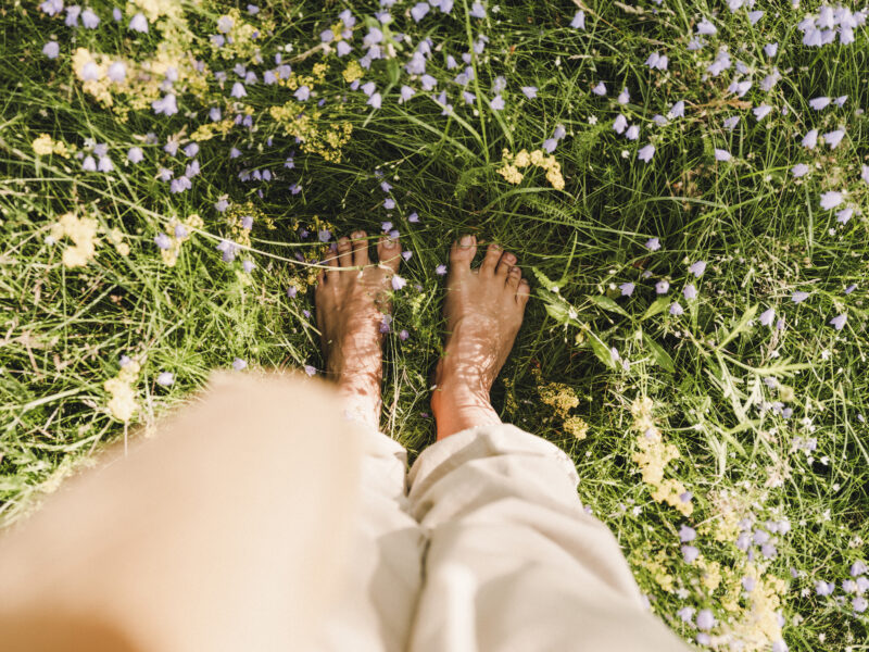 Person standing barefoot in a grassy field surrounded by small purple and yellow flowers, symbolizing grounding and nervous system healing.