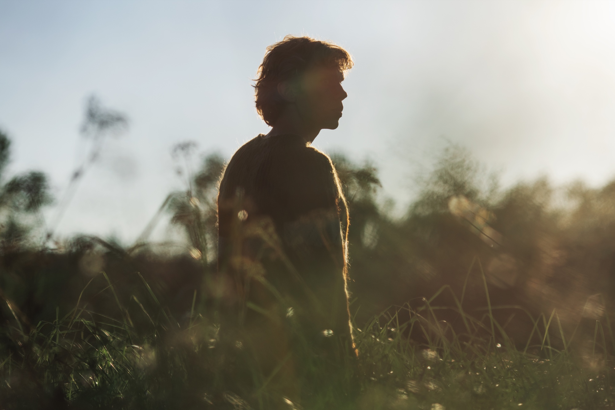 Person standing in a sunlit field